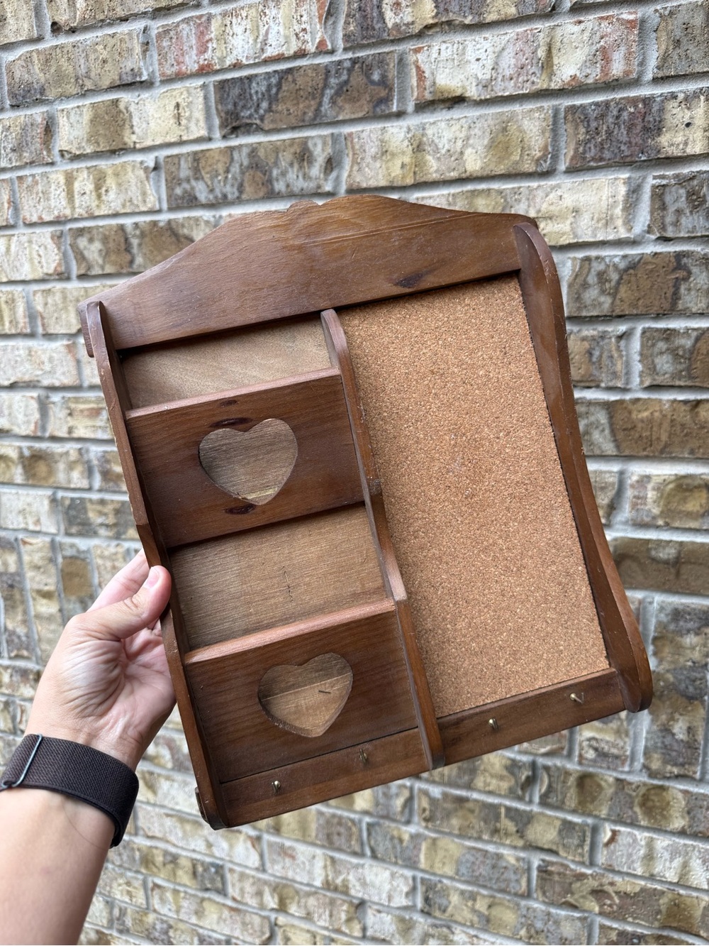 Vintage cottagecore Wood Wall Organizer with Cork Board and Heart Cutouts
